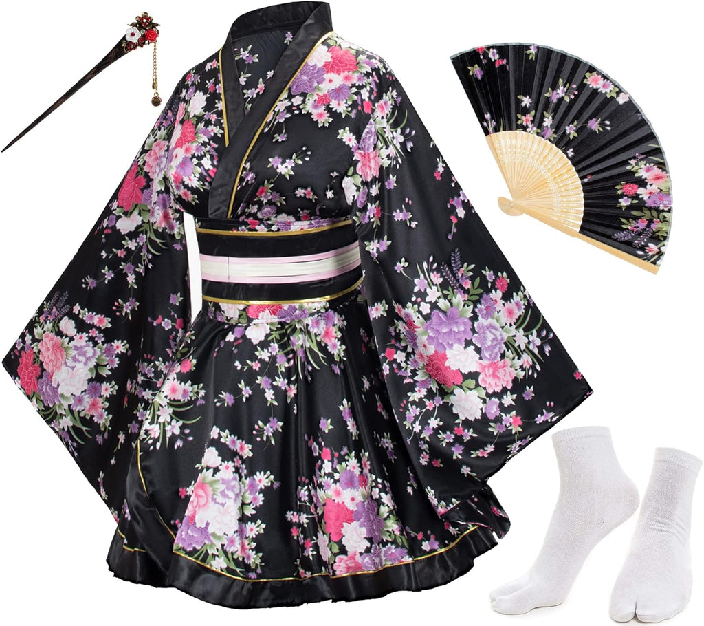 Japanese Anime Women's Dance Kimono Robe Fancy Dress Hand Held Silk Folding Fans Tabi Hairstick Socks Set