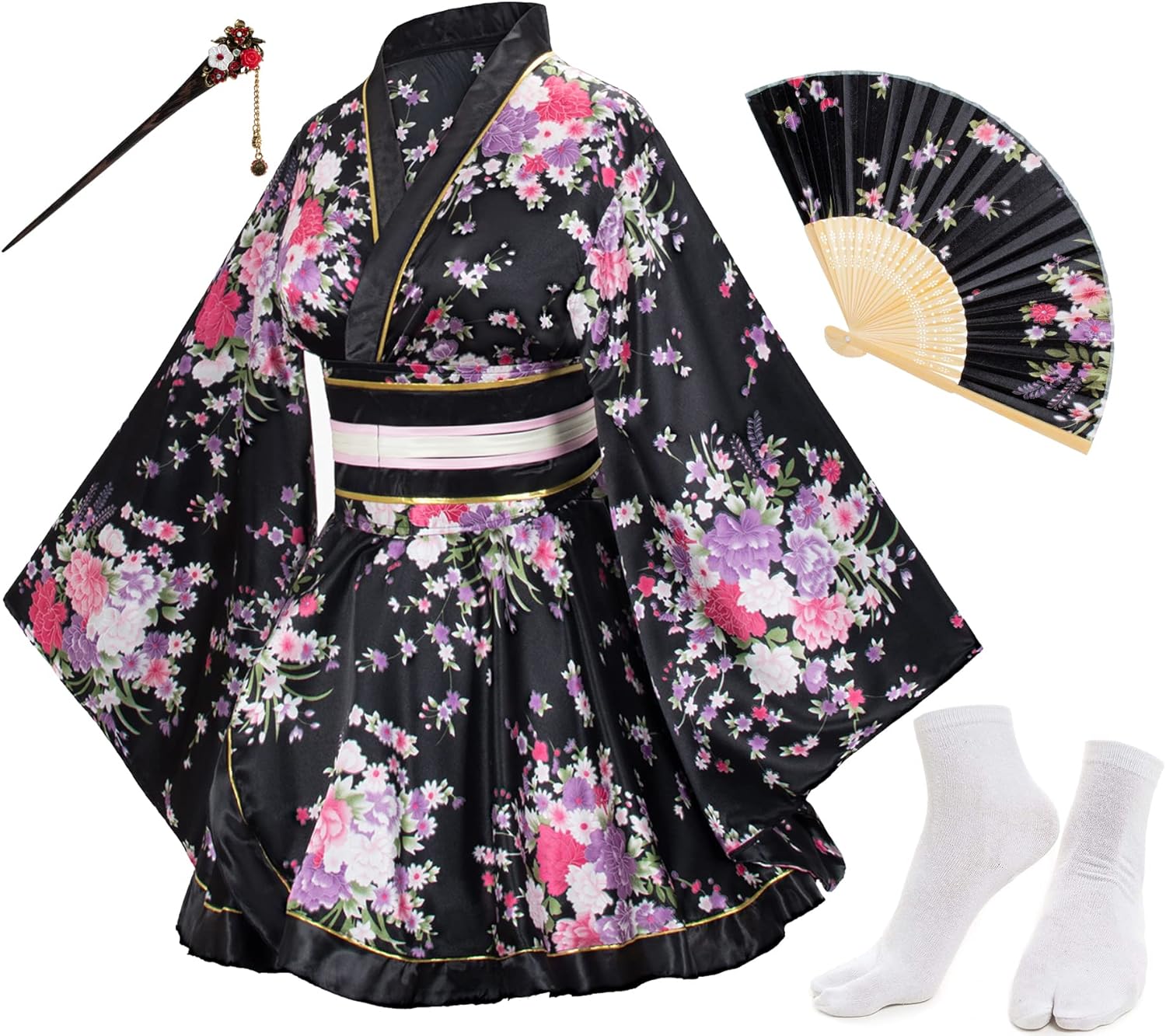 Japanese Anime Women's Dance Kimono Robe Fancy Dress Hand Held Silk Folding Fans Tabi Hairstick Socks Set