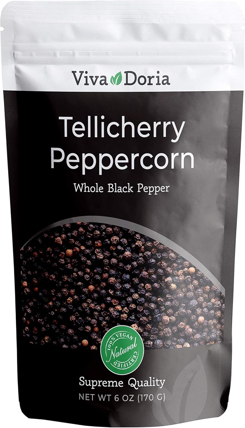Viva Doria Tellicherry Peppercorn, Whole Black Pepper, Steam Sterilized Black Peppercorns, 6 Oz, For Grinder Refill