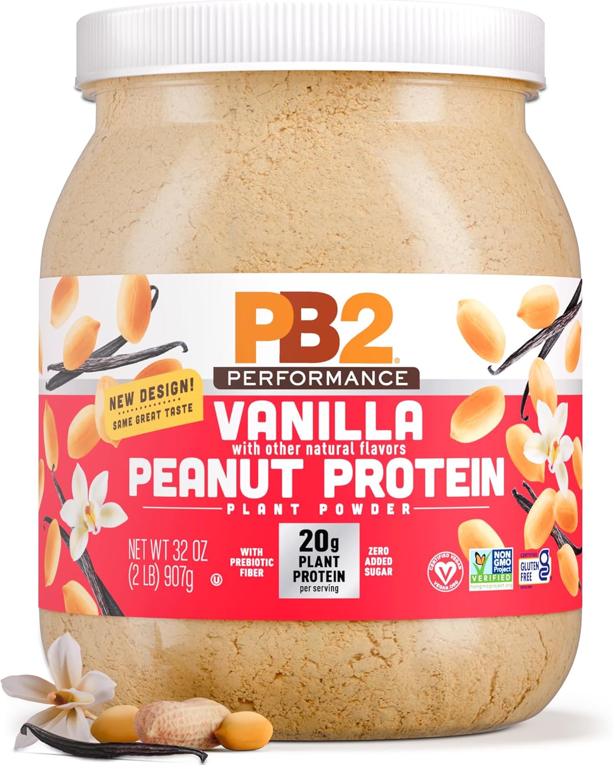 PB2 Performance Peanut Plant Based Vegan Protein Powder | 20g Complete Protein, No Added Sugar, Prebiotic Fiber | Dairy Free, Certified Vegan, Non-GMO, Gluten Free [Peanut w/Madagascar Vanilla, 2LB]