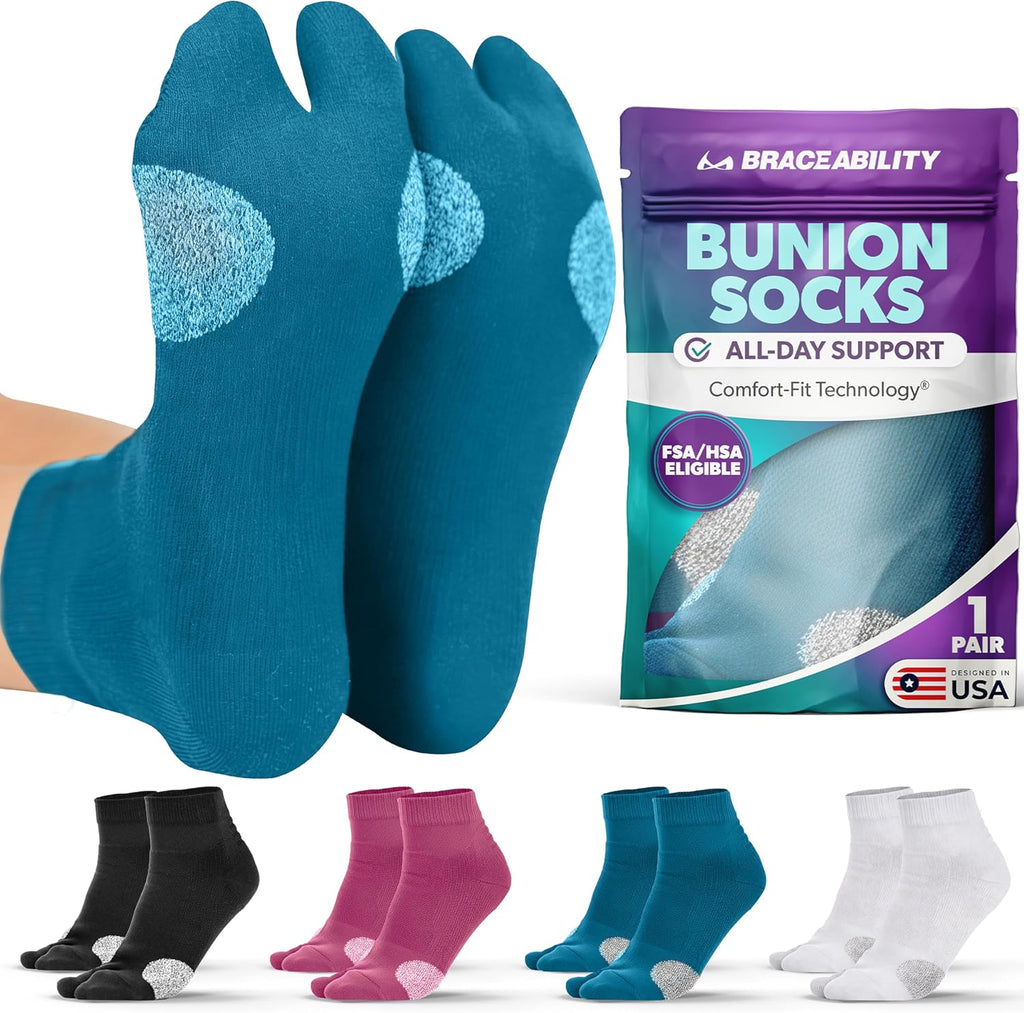 BraceAbility Bunion Relief Socks - Split-Toe Bunion Socks for Women and Men with Arch Support, Big Toe Separator, Hallux Valgus and Bunionette Relief, Left and Right Fit (1 Pair, M - Teal)