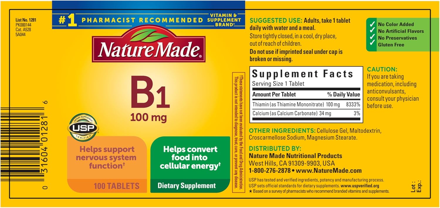 Nature Made Vitamin B1 100mg, Thiamine B1 Supplement for Energy Metabolism Support, 100 Tablets, 100 Day Supply