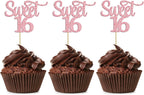 Gyufise 24Pcs Sweet 16 Cupcake Toppers Pink Glitter 16th Birthday Cake Pick Decorations for 16th Birthday Anniversary Party Supplies