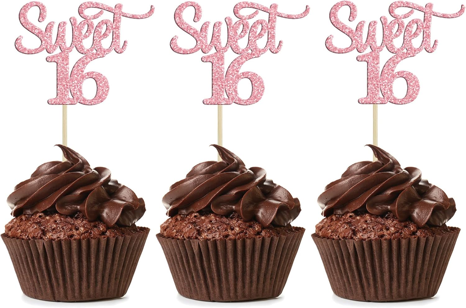 Gyufise 24Pcs Sweet 16 Cupcake Toppers Pink Glitter 16th Birthday Cake Pick Decorations for 16th Birthday Anniversary Party Supplies