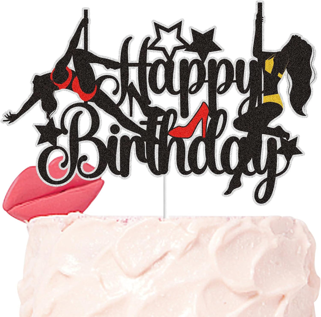 Pole Dance Happy Birthday Cake Topper Black Glitter Funny Sexy Cake Decorations Sports Theme Pole Dancer Bachelorette Wedding Bridal Shower Birthday Party Supplies