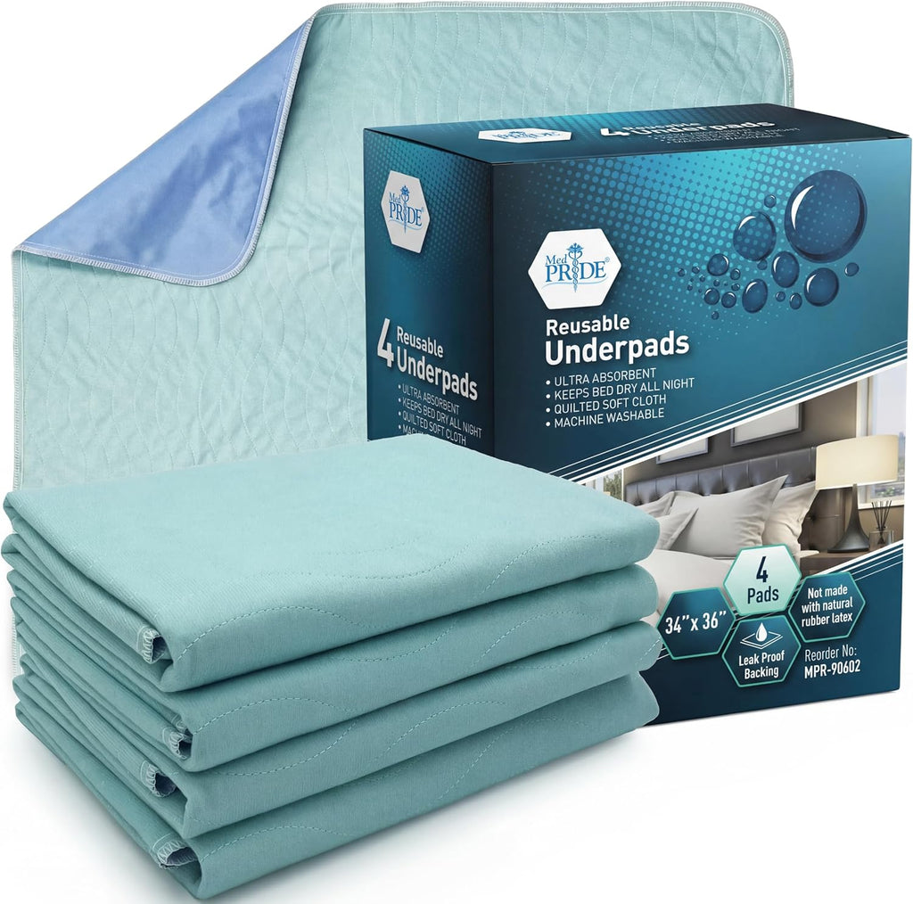 MED PRIDE Reusable Underpads 34 x 36 Inch, 4 Pack Washable Bed Pads, Waterproof Incontinence Bed Protectors, High Absorbency Reusable Chux Pads for Bed, Chair, Sofa & Pet Use