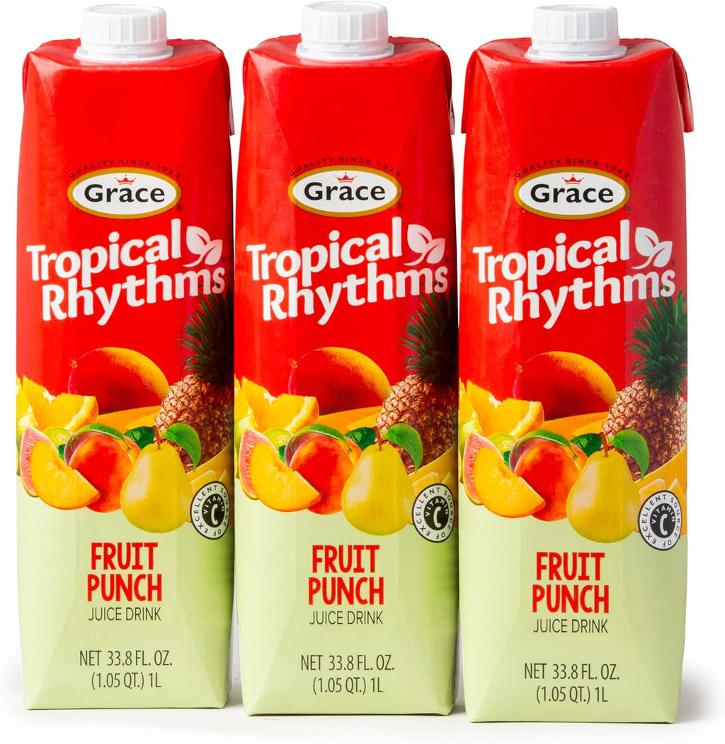 Grace Tropical Rhythms Fruit Punch Jamaican Juice 1 Liter (33.8oz)- 3 Cartons - Authentic Jamaican Drink