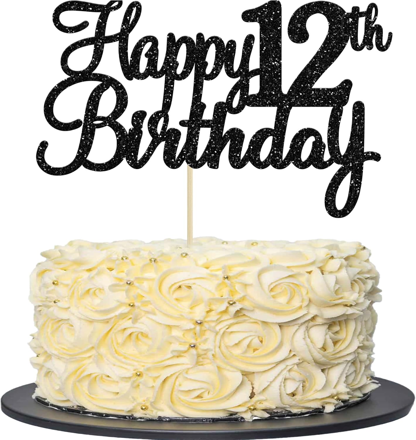 Gyufise 1Pc Happy 12th Birthday Cake Topper Glitter 12th Birthday Cake Pick Cheers to 12 Years Old Twelve Fabulous Cake Decorations for 12th Birthday Theme Party Supplies Black
