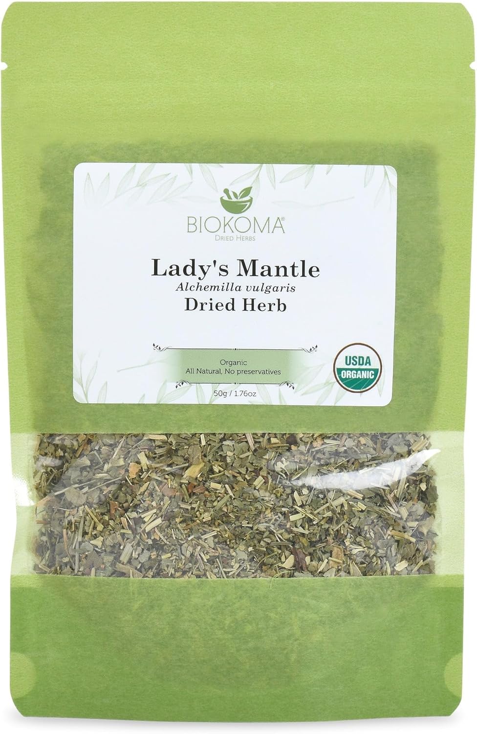 Biokoma Organic Lady's Mantle Herb 1.76 oz - Loose Herbal Tea Alchemilla Vulgaris - USDA Organic Leaves - Resealable Moisture Proof Pouch - No Additives - No Preservatives - Non GMO - Kosher
