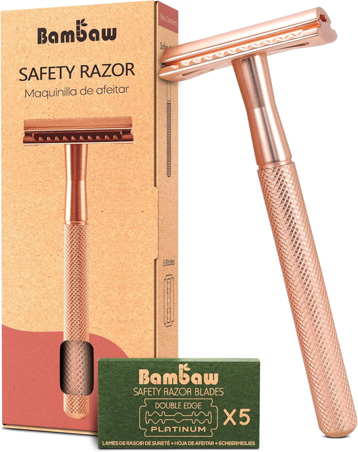 Bambaw Safety Razor for Women with 5 Double Edge Blades, Double Edge Razor, Single Blade Razors for Women and Men, Reusable & Plastic Free – Rose Gold