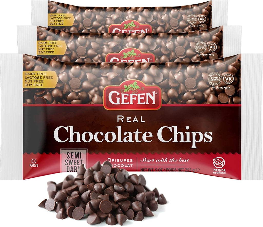 Gefen Vegan Semi Sweet Real Dark Chocolate Chips, Dairy Free 9oz (3 Pack),Nut Free, Lactose Free, Kosher, Great for Baking
