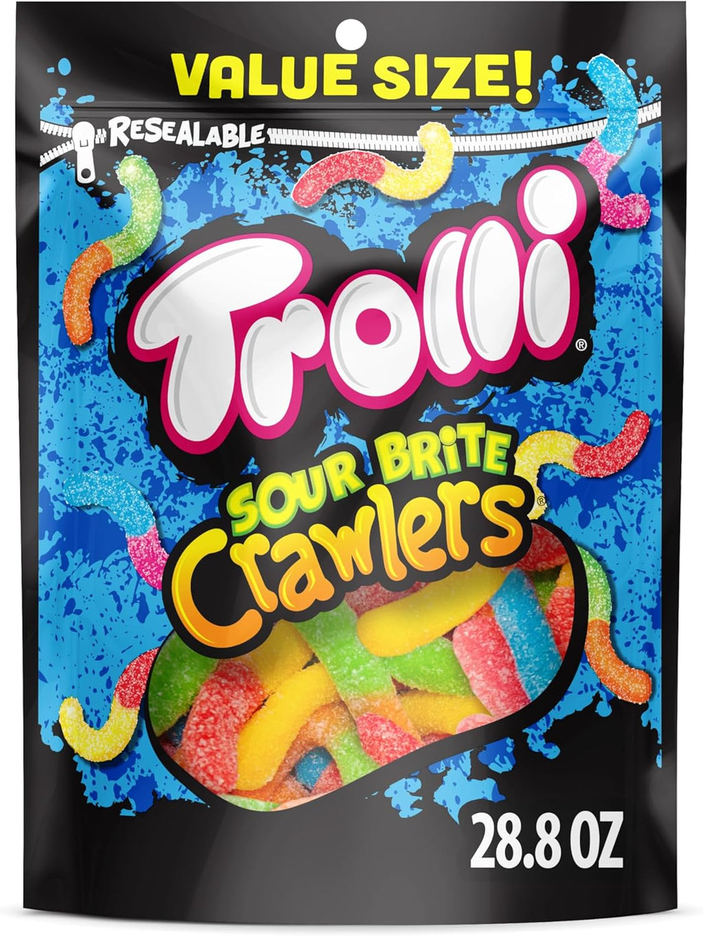 Trolli Sour Brite Crawlers, Candy, Cherry-Lemon, Strawberry-Grape & Orange-Lime, Sweet and Sour, Gummy Worms, Halloween Treat, 28.8 oz