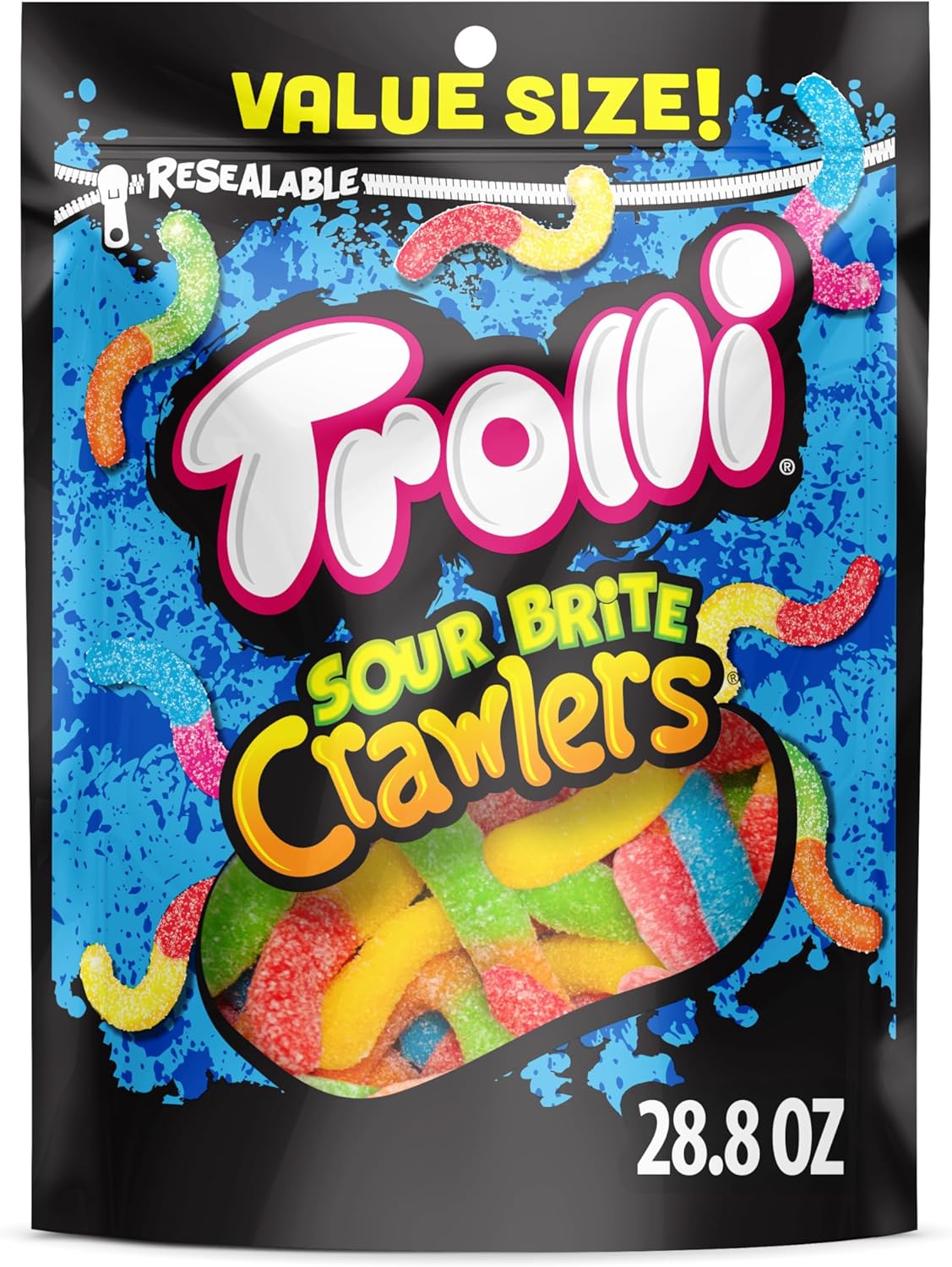Trolli Sour Brite Crawlers, Candy, Cherry-Lemon, Strawberry-Grape & Orange-Lime, Sweet and Sour, Gummy Worms, Halloween Treat, 28.8 oz