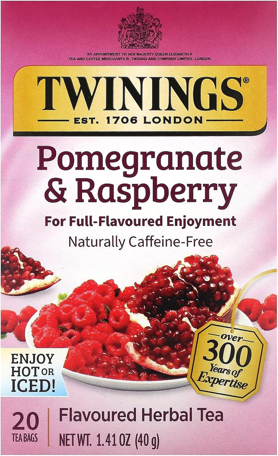 Twinings Pomegranate & Raspberry Herbal Tea Individually Wrapped Bags, 20 Count (Pack of 1), Naturally Caffeine-Free, Enjoy Hot or Iced, 20 Teabags