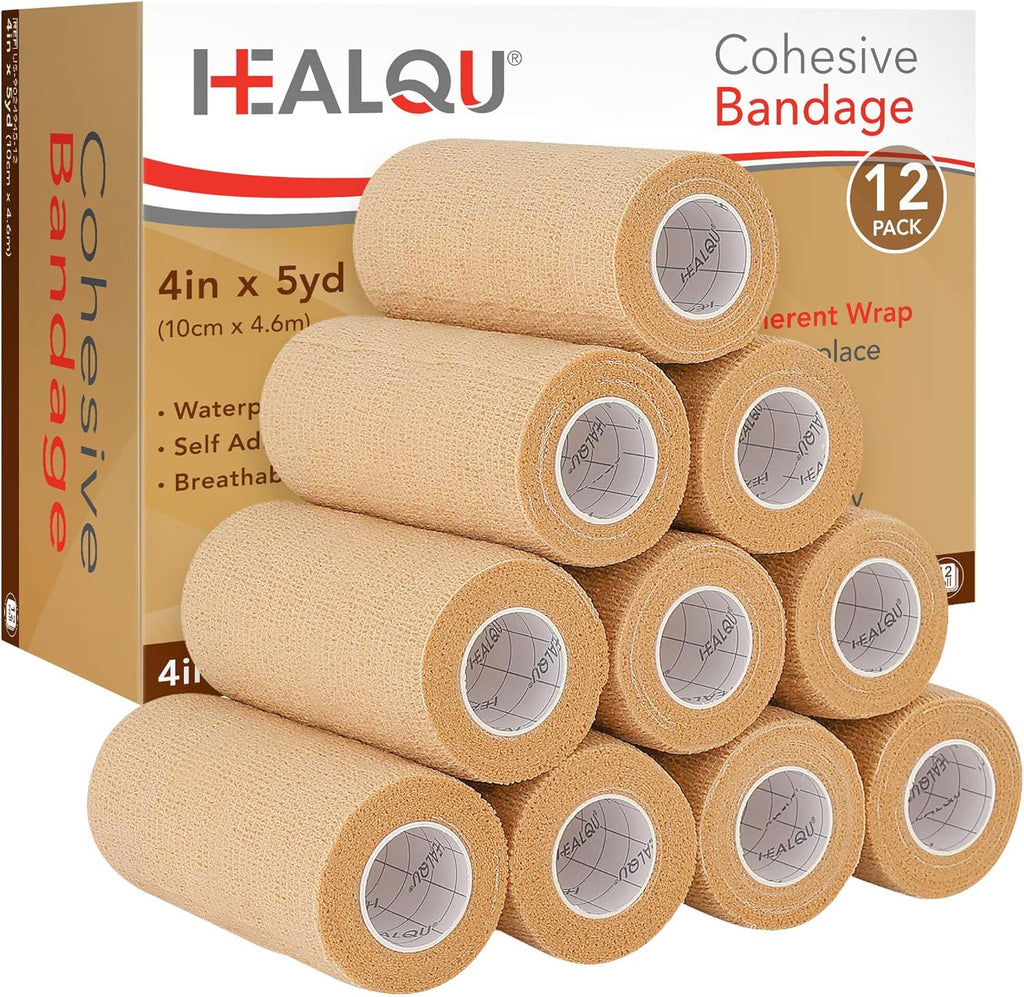 HEALQU Self Adhesive Bandage Wrap – 4" x 5 Yard, 12 Rolls Cohesive Tape for Athletic & Sports - Self Adherent Medical Tape, Flexible, Waterproof Elastic Bandages for Wrist & Ankle Vet Wrap for Dogs