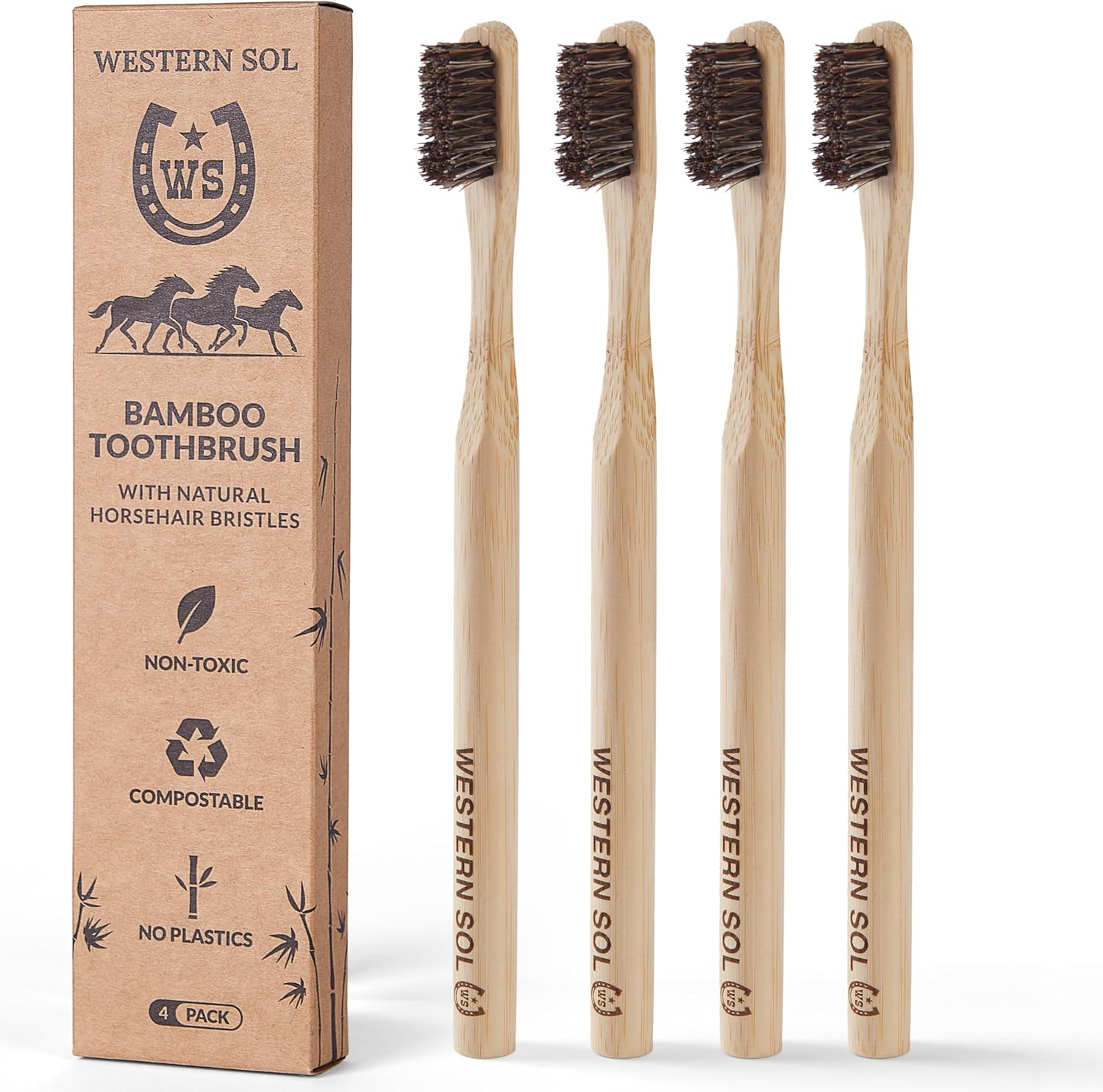 Western SOL Horse Bristle Bamboo Toothbrushes (4-Pack) – Luxury Toothbrush - Plastic-Free, Biodegradable, Eco-Friendly – No Chemicals