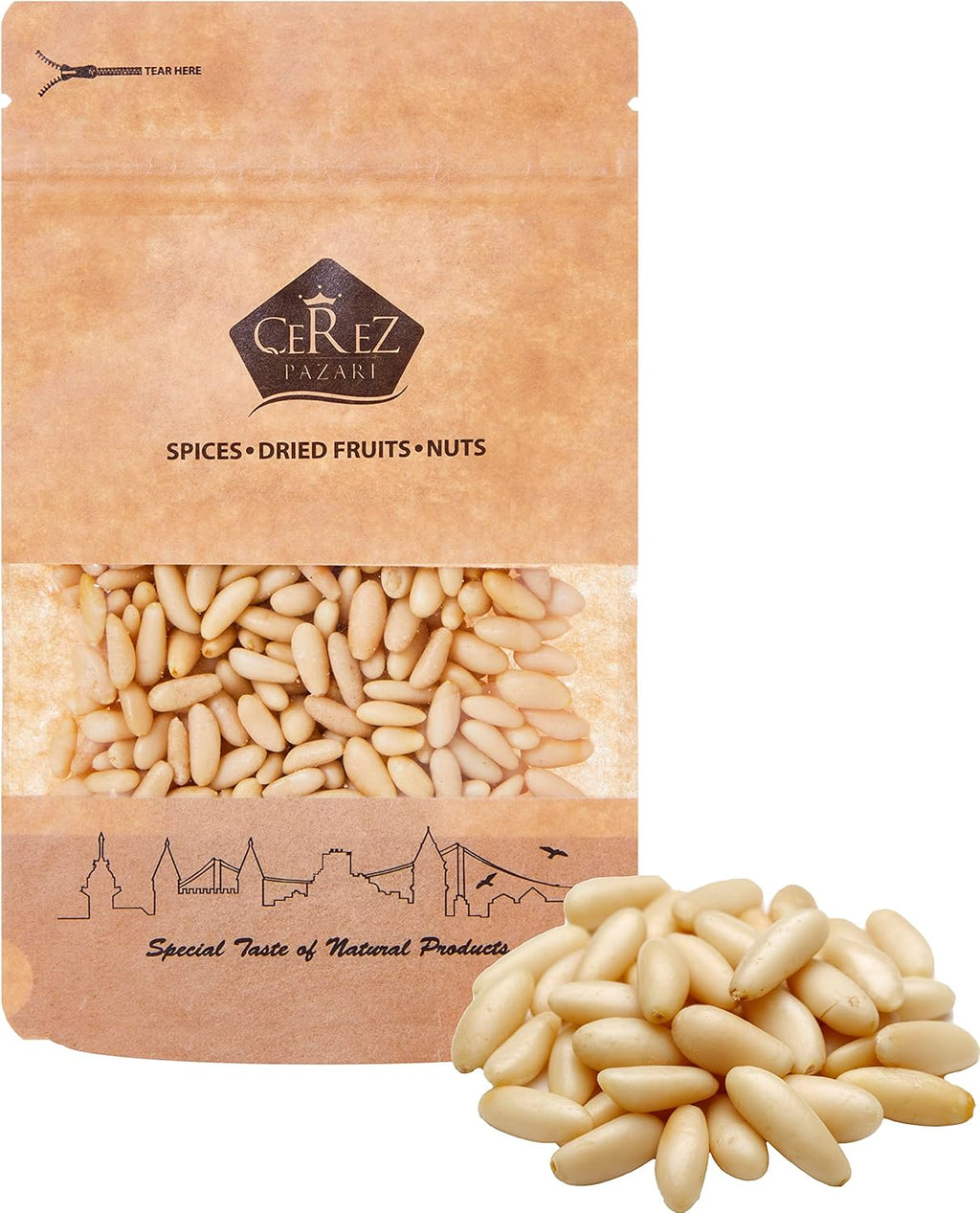 Cerez Pazari World Famous Mediterranean Turkish Pine Nuts, Premium Quality Cam Fistigi, Unsalted Pine Nuts, Natural, Raw, Non-GMO, Resealable Bag, 4 oz.