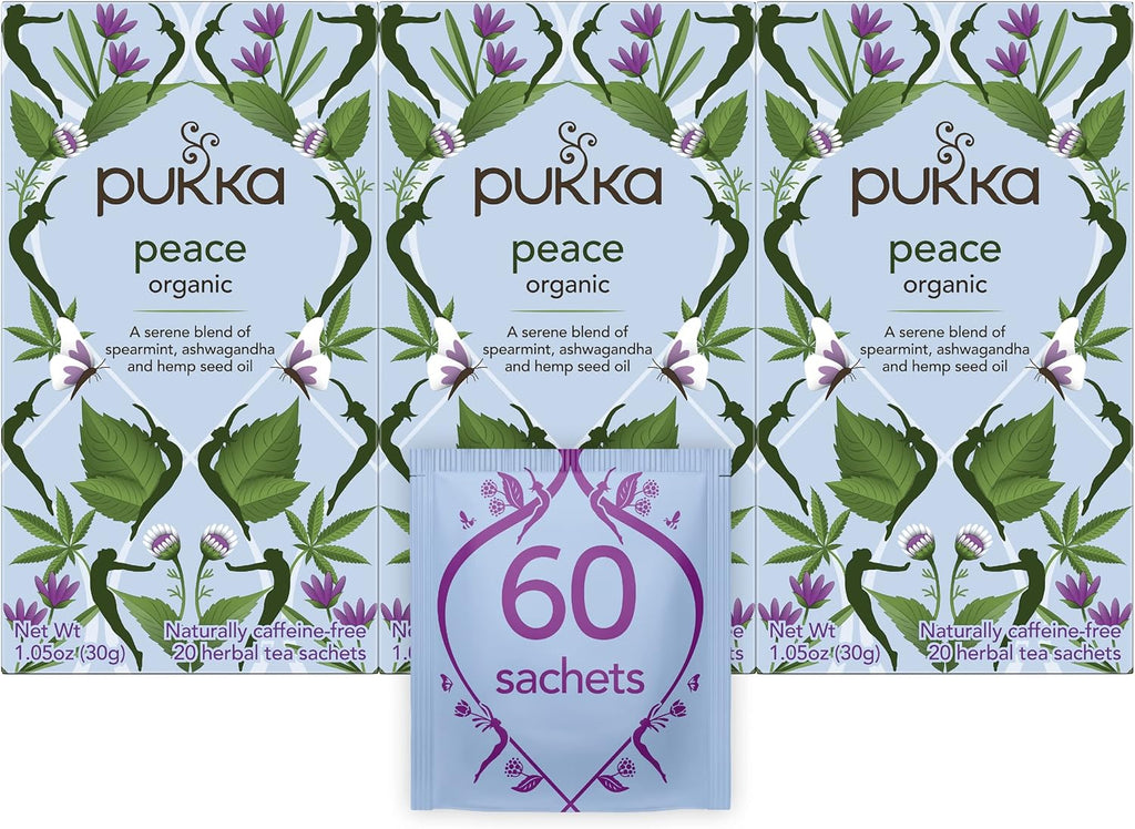 Pukka Organic Tea Bags, Spearmint, Ashwagandha, and Hemp Seed Oil, Peace Herbal Tea, 20 Count (Pack of 3)