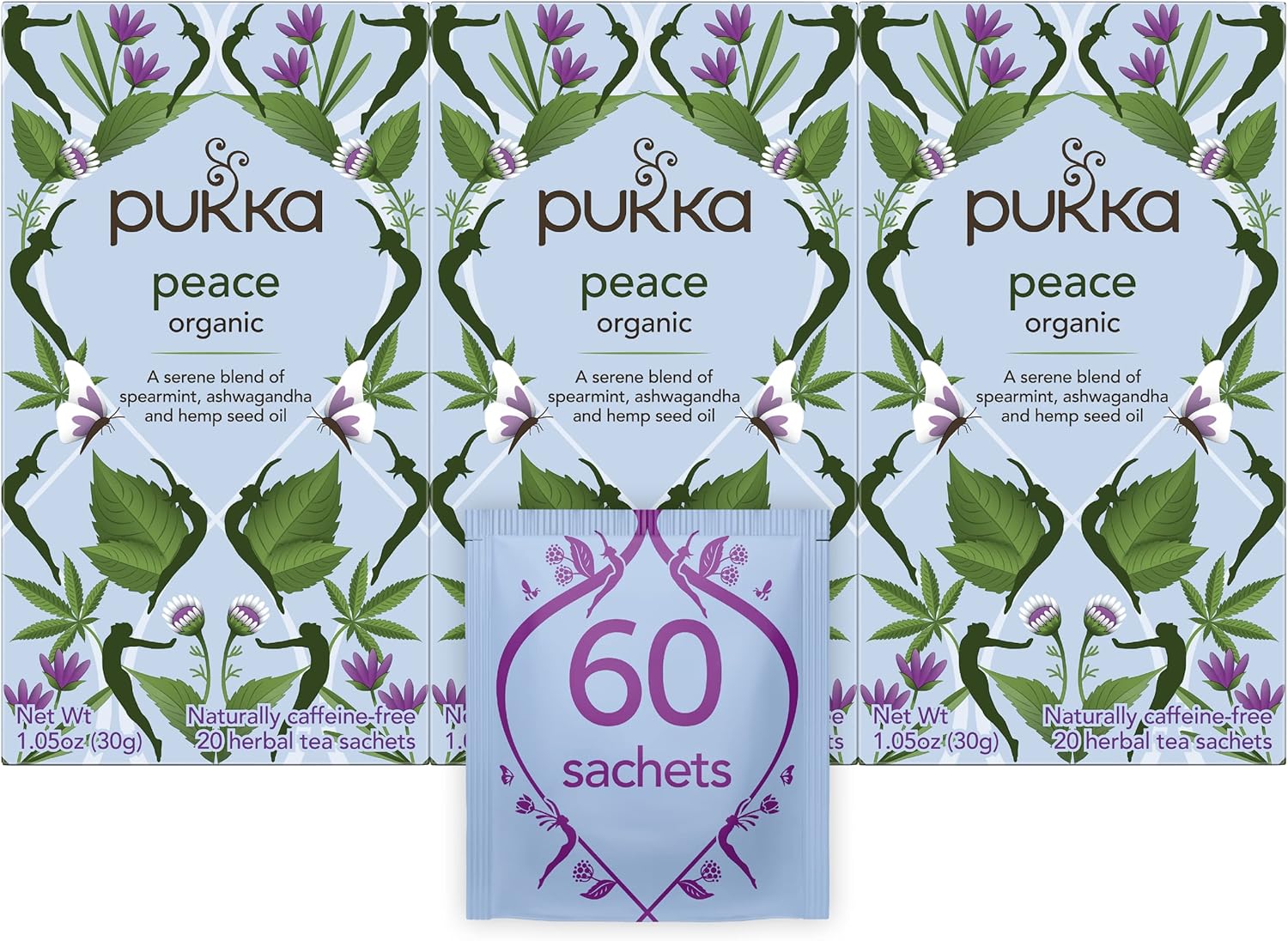 Pukka Organic Tea Bags, Spearmint, Ashwagandha, and Hemp Seed Oil, Peace Herbal Tea, 20 Count (Pack of 3)