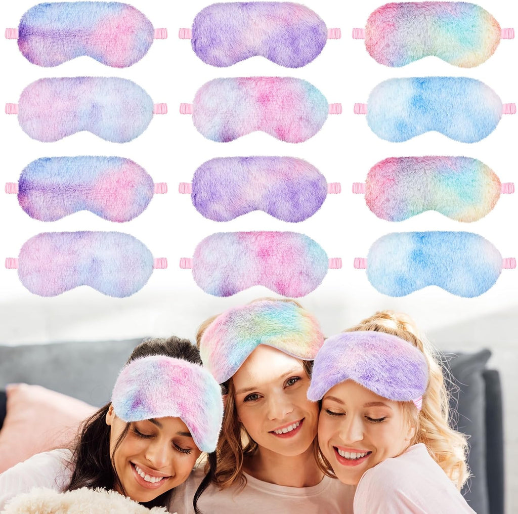 Cuffbow 12 Pcs Plush Sleeping Eye Masks Bulk Comfortable Sleep Eye Cover Mask for Kids Women Men Soft Furry Blindfold Faux Fur Shade for Travel Nap Sleepover Party Supplies(Rainbow)