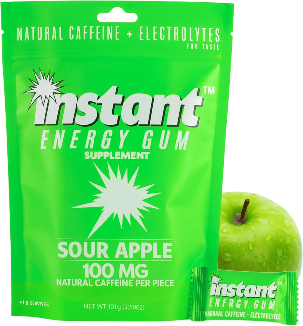 Instant Energy Gum | 100 mg Natural Caffeine | Sugar Free Sour Apple Xylitol Gum with Electrolytes | Fast-Acting Caffeine Gum & Clean Energy Drink Alternative for Focus, Workouts & Studying | 15 Piece Pack