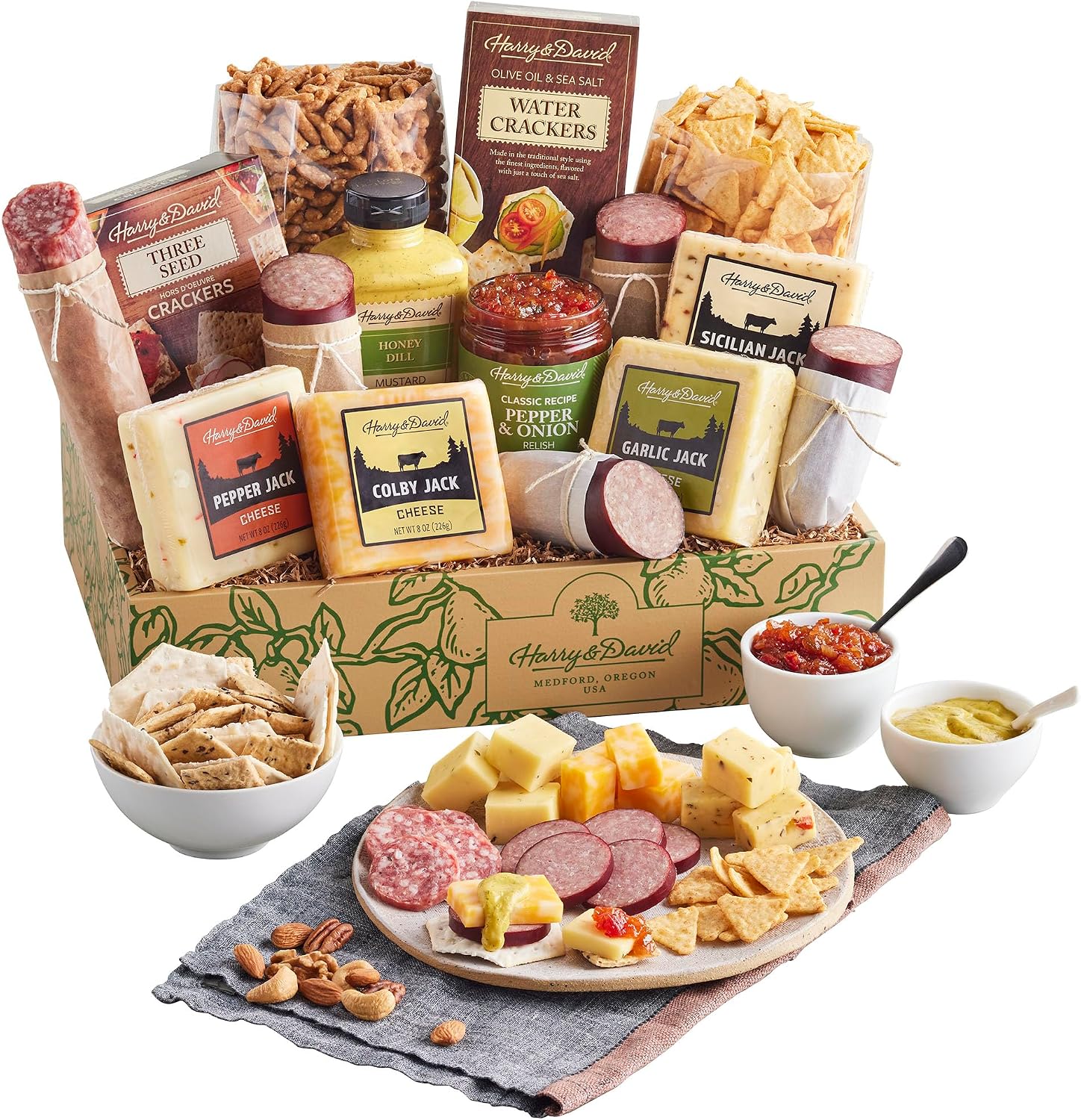 Harry & David Ultimate Meat And Cheese Gift Box, Food Gift Basket, Charcuterie Platter With 4 Cheese Blocks, 4 Sausages, 5 Sets Of Crackers, Sesame Sticks, Relish & Honey Mustard Sauces