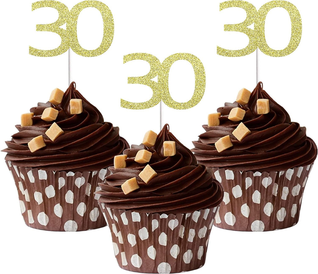 Sumerk 24PCS 30 Cupcake toppers Gold Glitter 30th Birthday Cupcake Picks Anniversary Party Decorations