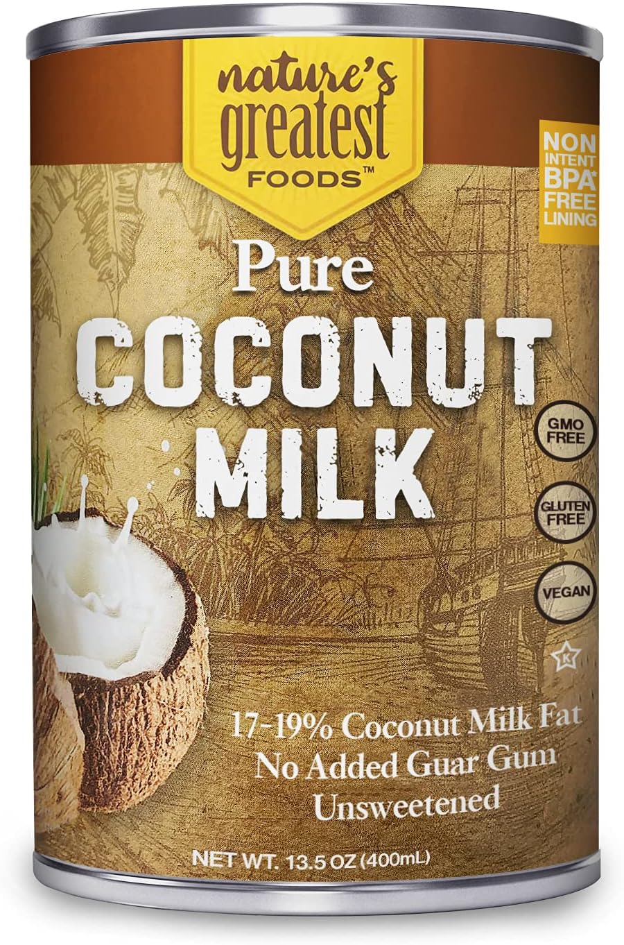Nature’s Greatest Foods Pure Coconut Milk – No Guar Gum, No Additives, Non-GMO, BPA-Free, Vegan, Gluten-Free and Kosher, 17-19% Coconut Milk Fat, Unsweetened 12-pack