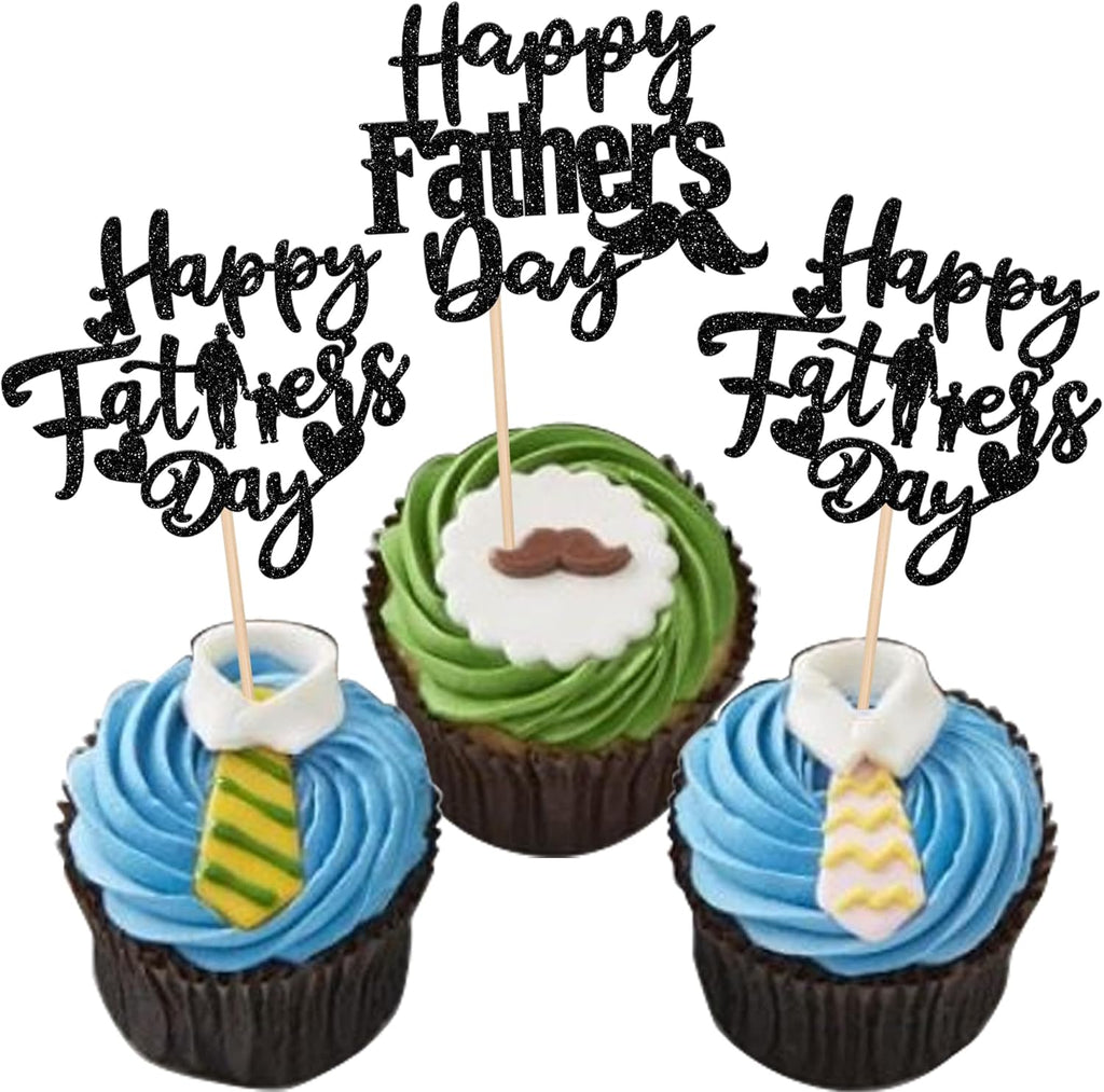 24 Pack Happy Father's Day Cupcake Toppers Glitter Best Dad Cupcake Picks Love Dad Moustache Cake Decorations for Happy Father's day Theme Men Birthday Party Supplies Black