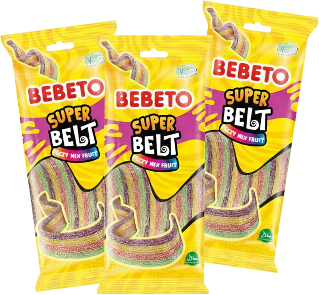 Bebeto Sour Rainbow Belts Candy, Super Belt Mixed Fruit (3 Pack, 2.65 oz / 75g Each) – Soft & Chewy Vegan Sour Belts Candy, by Kervan