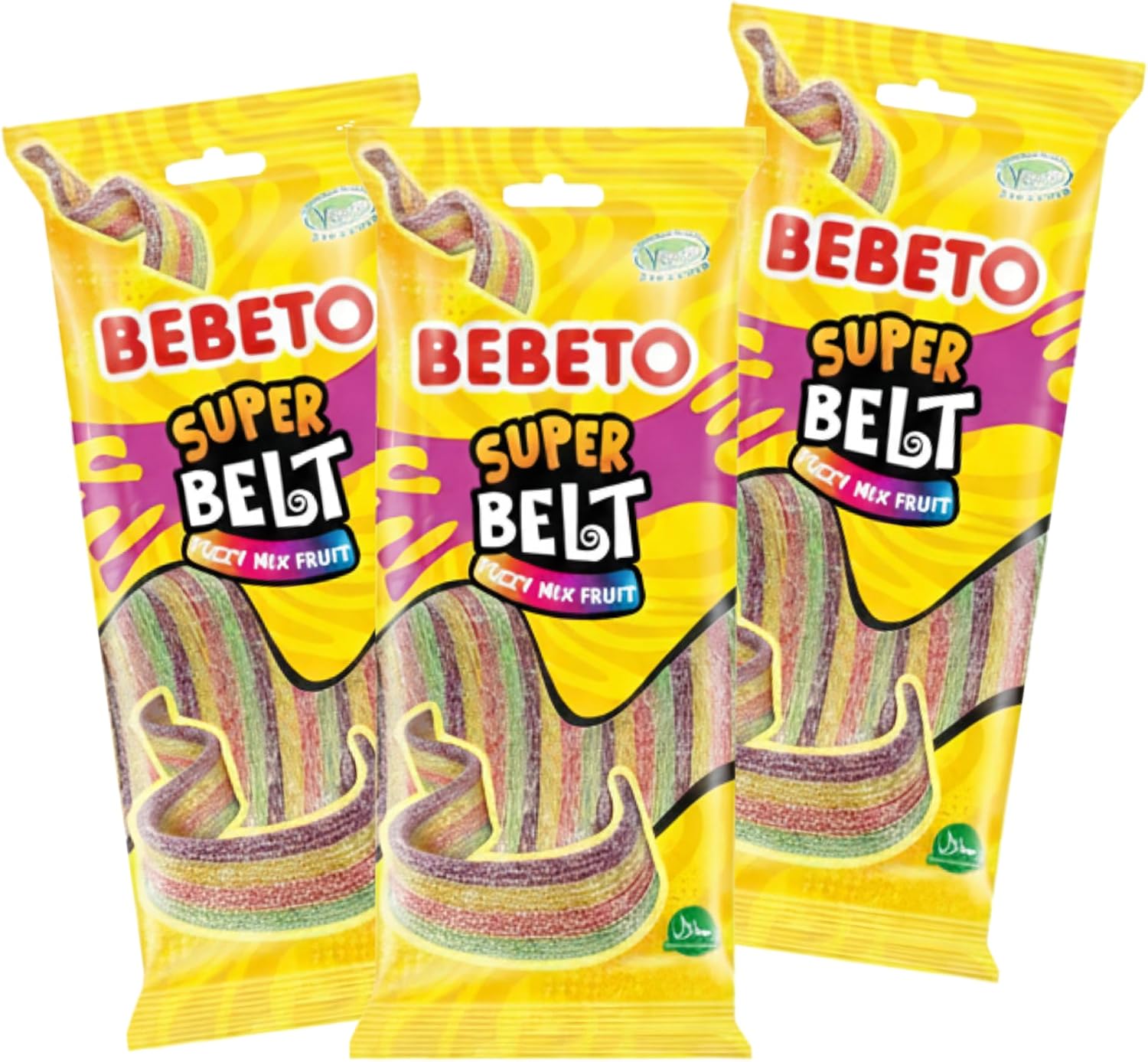 Bebeto Sour Rainbow Belts Candy, Super Belt Mixed Fruit (3 Pack, 2.65 oz / 75g Each) – Soft & Chewy Vegan Sour Belts Candy, by Kervan
