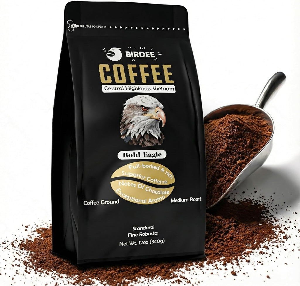 Birdee Robusta Coffee Ground – 12 ounce, Medium Roast, 100% Robusta, Low Acid, High Caffeine, Single Origin, Fine Robusta Standard, Hand Picked from Vietnam