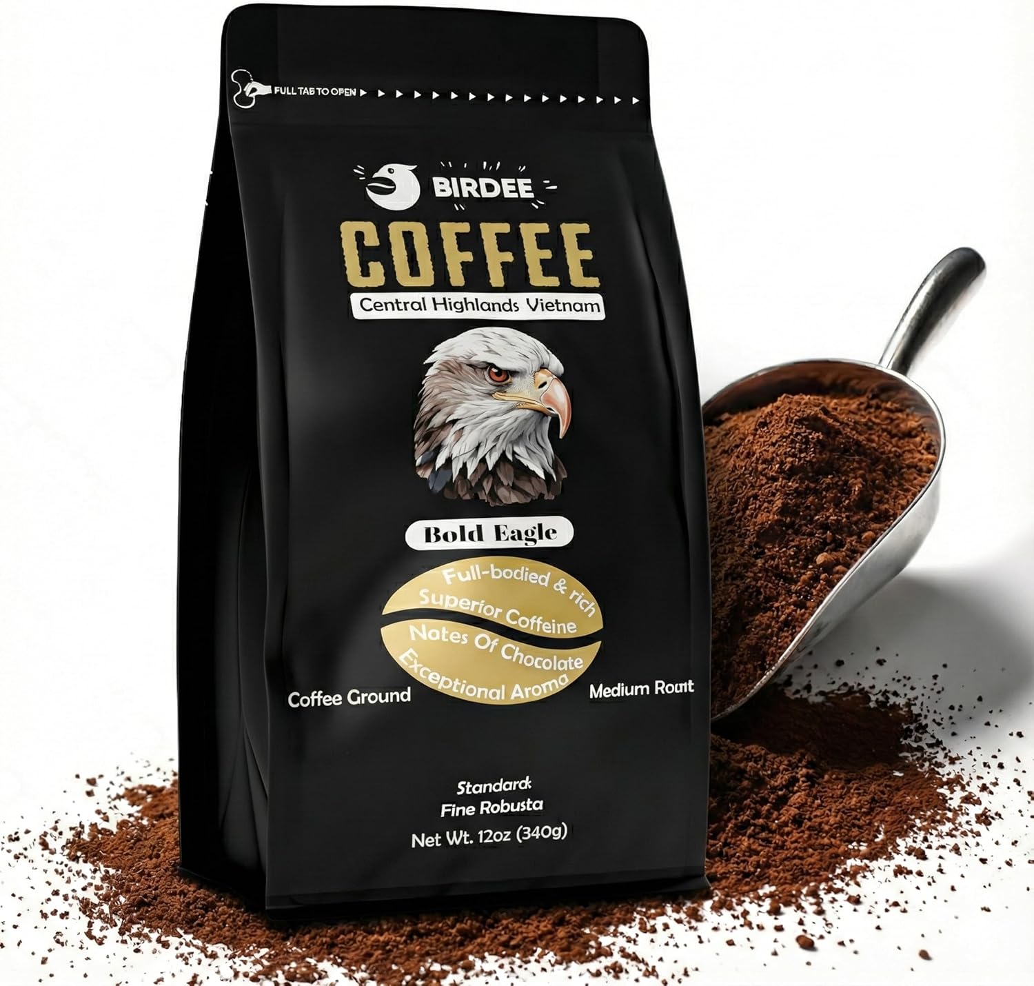 Birdee Robusta Coffee Ground – 12 ounce, Medium Roast, 100% Robusta, Low Acid, High Caffeine, Single Origin, Fine Robusta Standard, Hand Picked from Vietnam