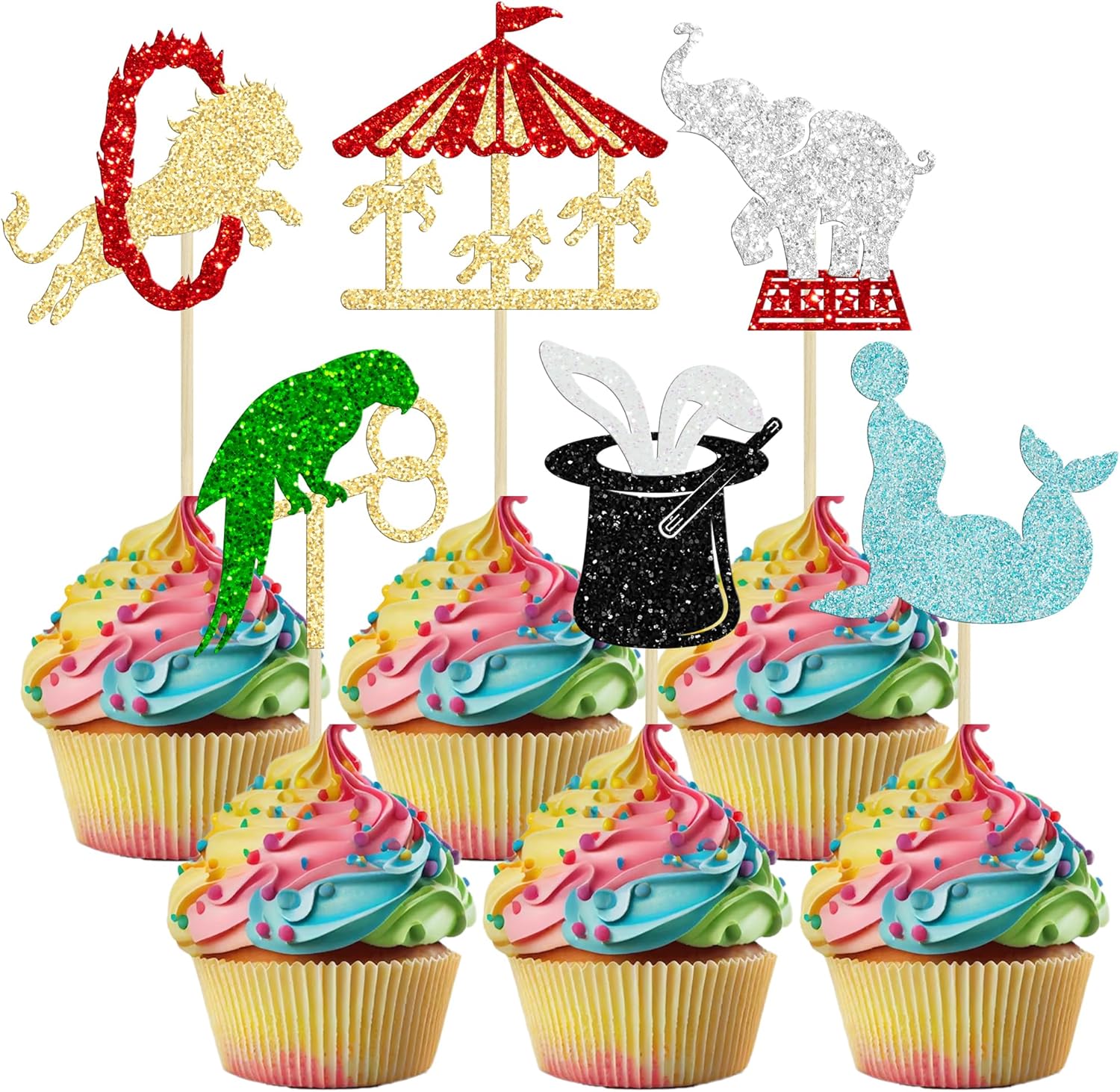 Ephlyn 24Pcs Circus Cupcake Toppers Glitter Circus Animals Cupcake Picks Elephant Lion Cake Decorations for Carnival Theme Baby Shower Birthday Party Favor Supplies