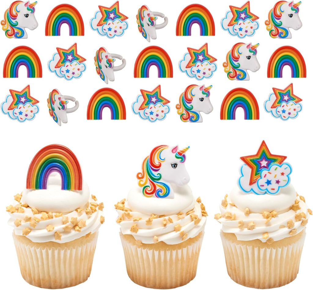 DecoPac Rainbow Unicorn Rings, Cupcake Decorations, Magical Food Safe Cake Toppers, Multi-Coloured – 24 Pack
