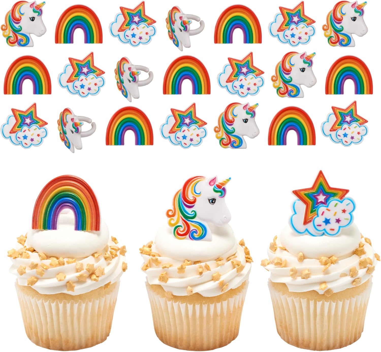 DecoPac Rainbow Unicorn Rings, Cupcake Decorations, Magical Food Safe Cake Toppers, Multi-Coloured – 24 Pack