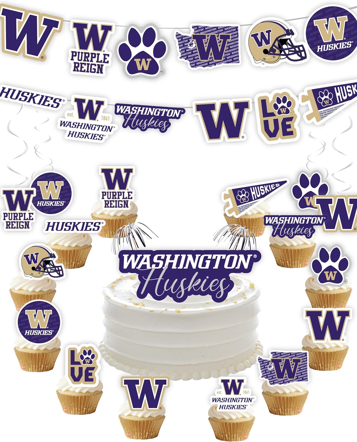 Washington Party Supplies for Football, Birthday Gift, Graduation Party Banner and Cake Toppers (42 Pieces) (Washington Huskies)