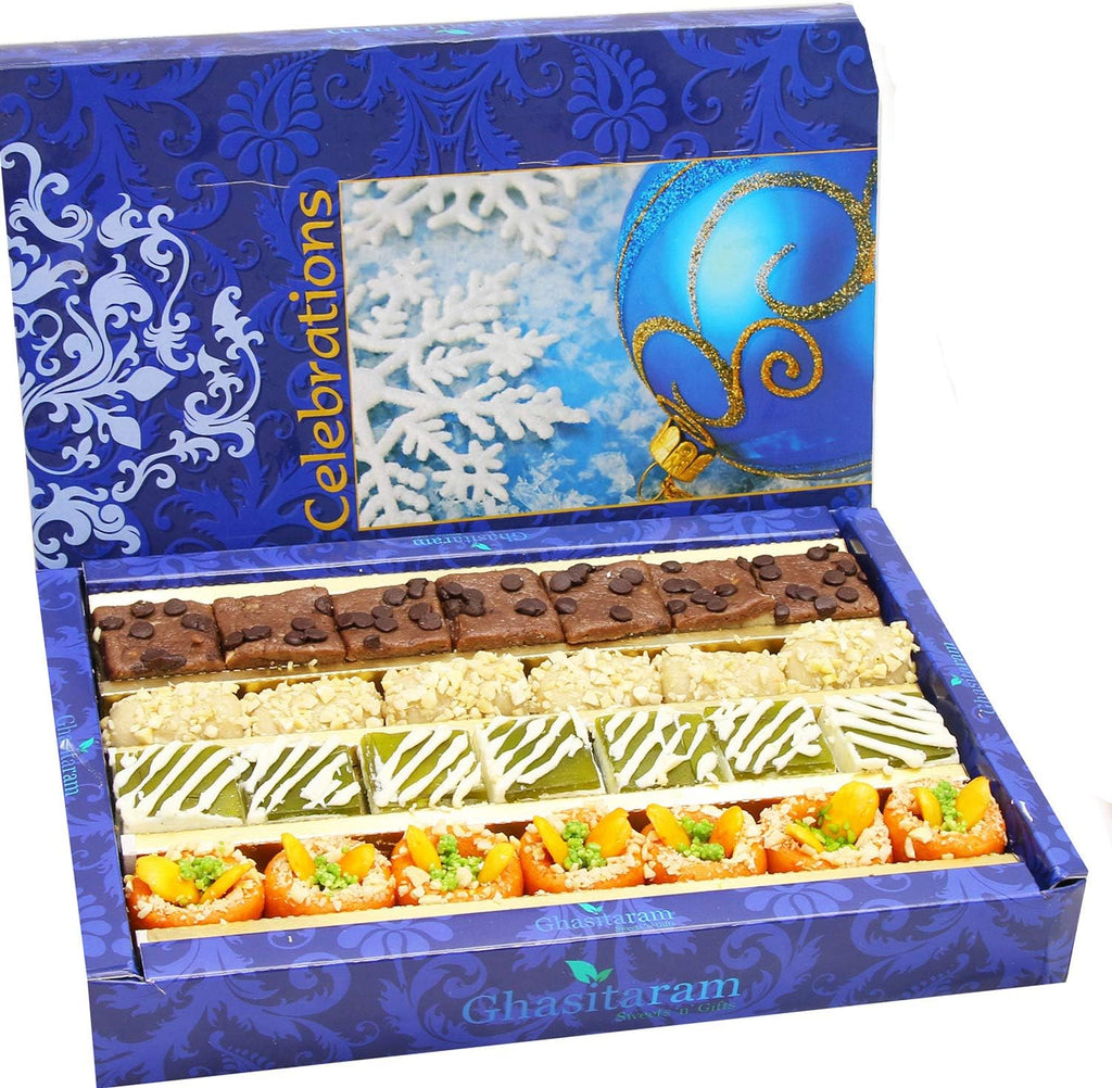 Ghasitaram Gifts Indian Sweets - Diwali Gifts Sweets- Assorted Box of Kaju Chocolate Barfi,Mango Bite,Kaju roll and Kaju Orange Delight 800 GMS