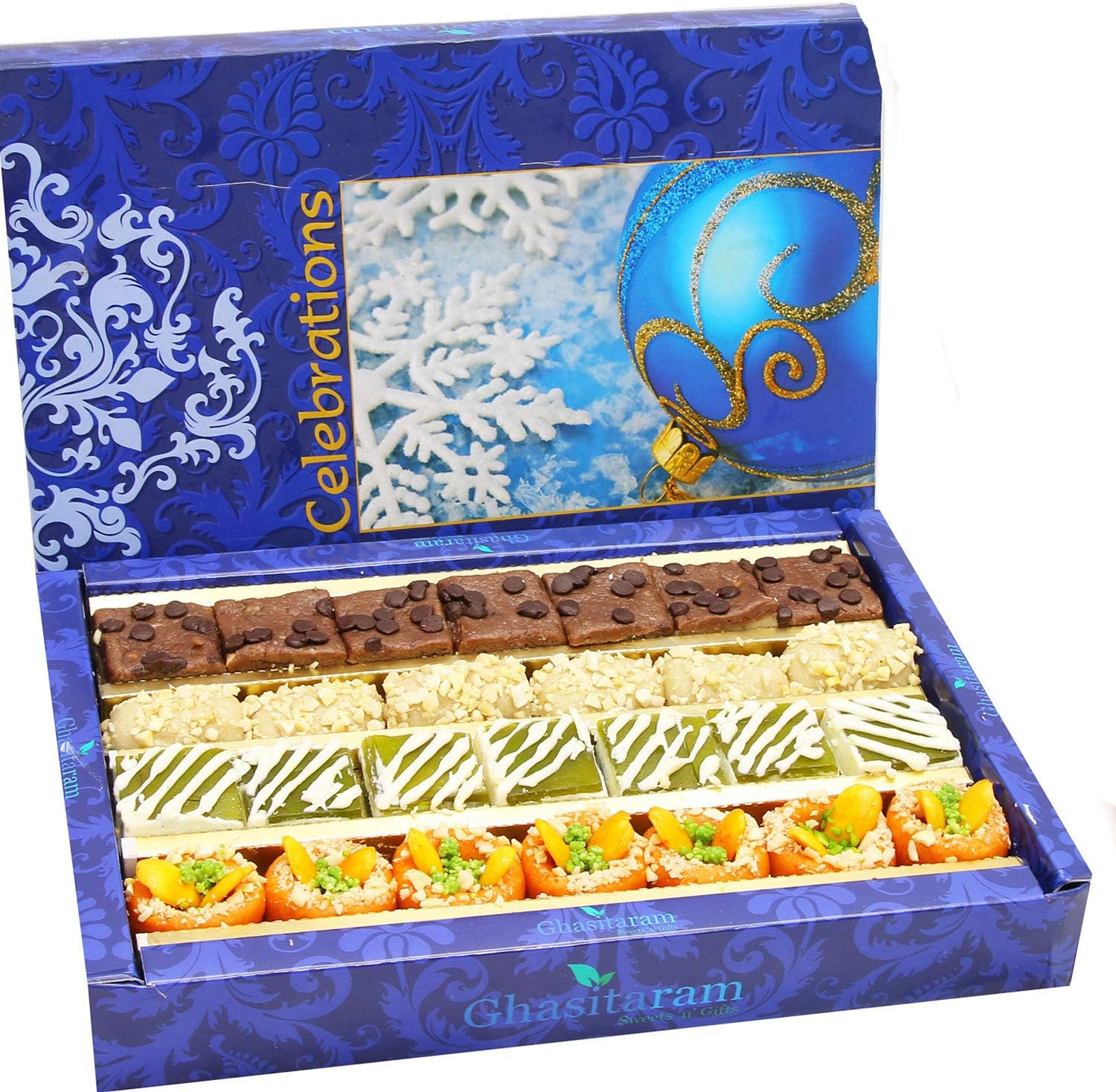 Ghasitaram Gifts Indian Sweets - Diwali Gifts Sweets- Assorted Box of Kaju Chocolate Barfi,Mango Bite,Kaju roll and Kaju Orange Delight 800 GMS