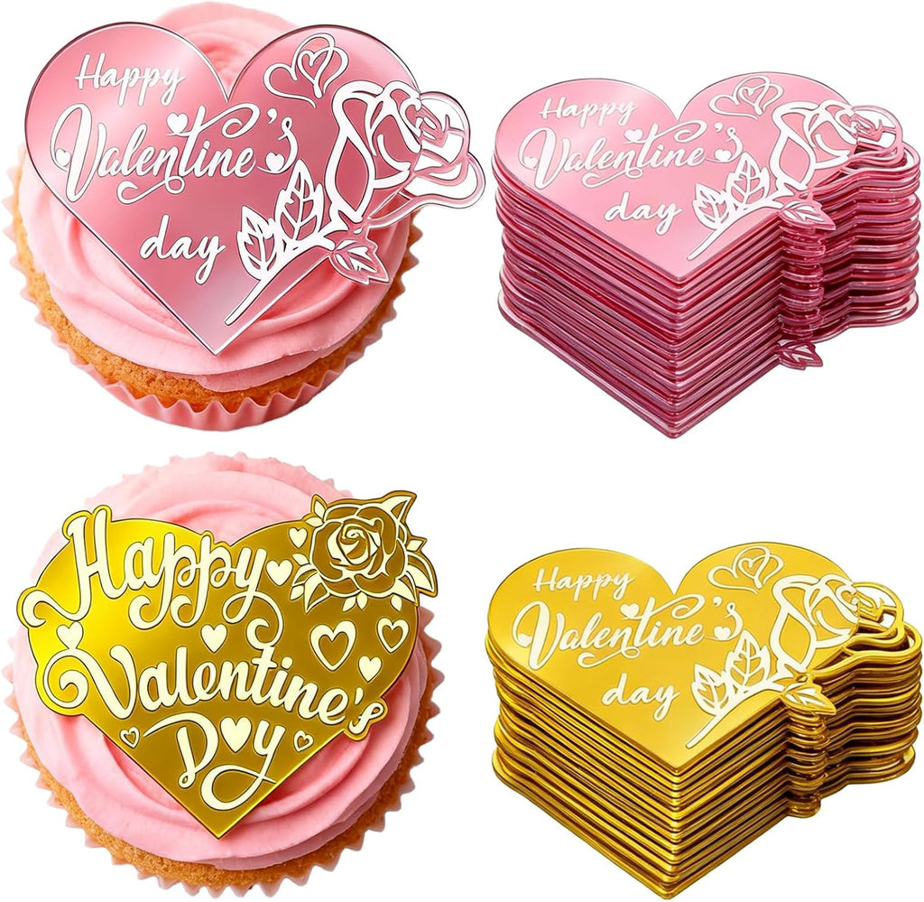 40Pcs Happy Valentines Day Cake Topper Acrylic Heart Cupcake Toppers Rose Carving Mirror Valentine's Cake Decorations for Anniversary Party Supplies Gifts (2 Designs)