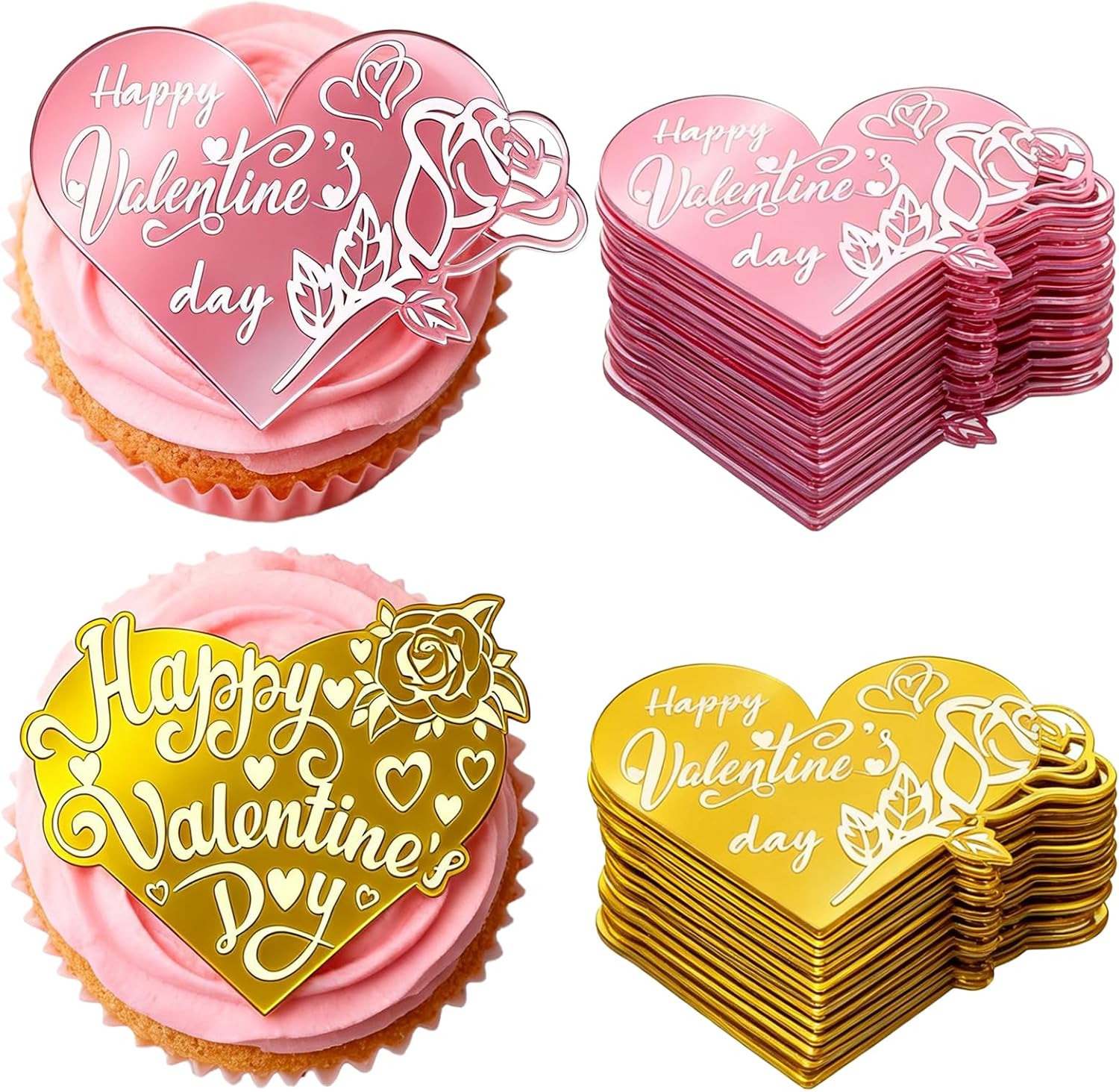 40Pcs Happy Valentines Day Cake Topper Acrylic Heart Cupcake Toppers Rose Carving Mirror Valentine's Cake Decorations for Anniversary Party Supplies Gifts (2 Designs)