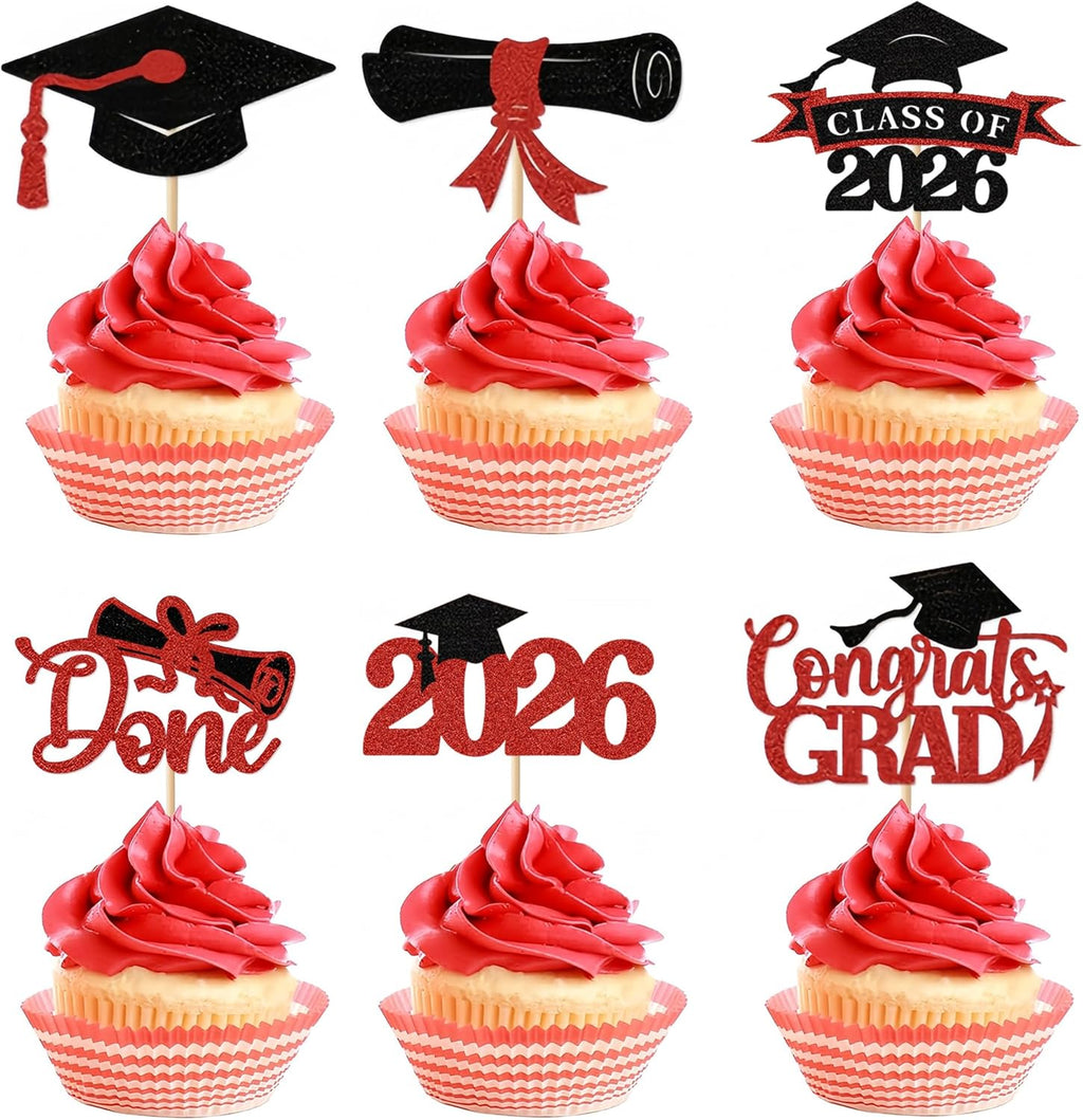 2026 Graduation Cupcake Toppers, 36 pack Red Glitter Class of 2026 Congrats Grad Diploma Graduation Cap Cupcake Picks for 2026 Graduation Party decorating Supplies