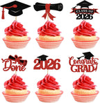 2026 Graduation Cupcake Toppers, 36 pack Red Glitter Class of 2026 Congrats Grad Diploma Graduation Cap Cupcake Picks for 2026 Graduation Party decorating Supplies