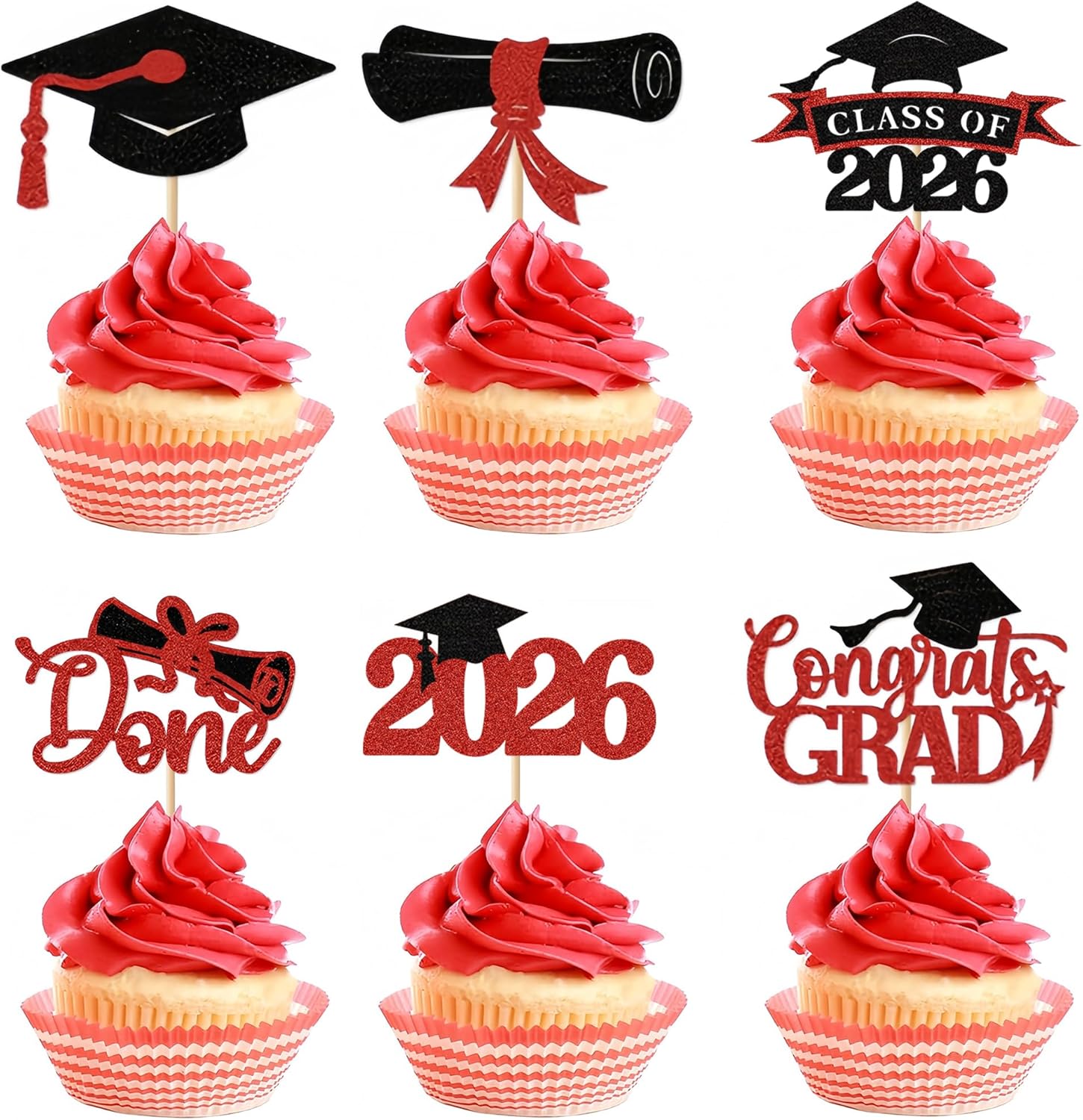 2026 Graduation Cupcake Toppers, 36 pack Red Glitter Class of 2026 Congrats Grad Diploma Graduation Cap Cupcake Picks for 2026 Graduation Party decorating Supplies