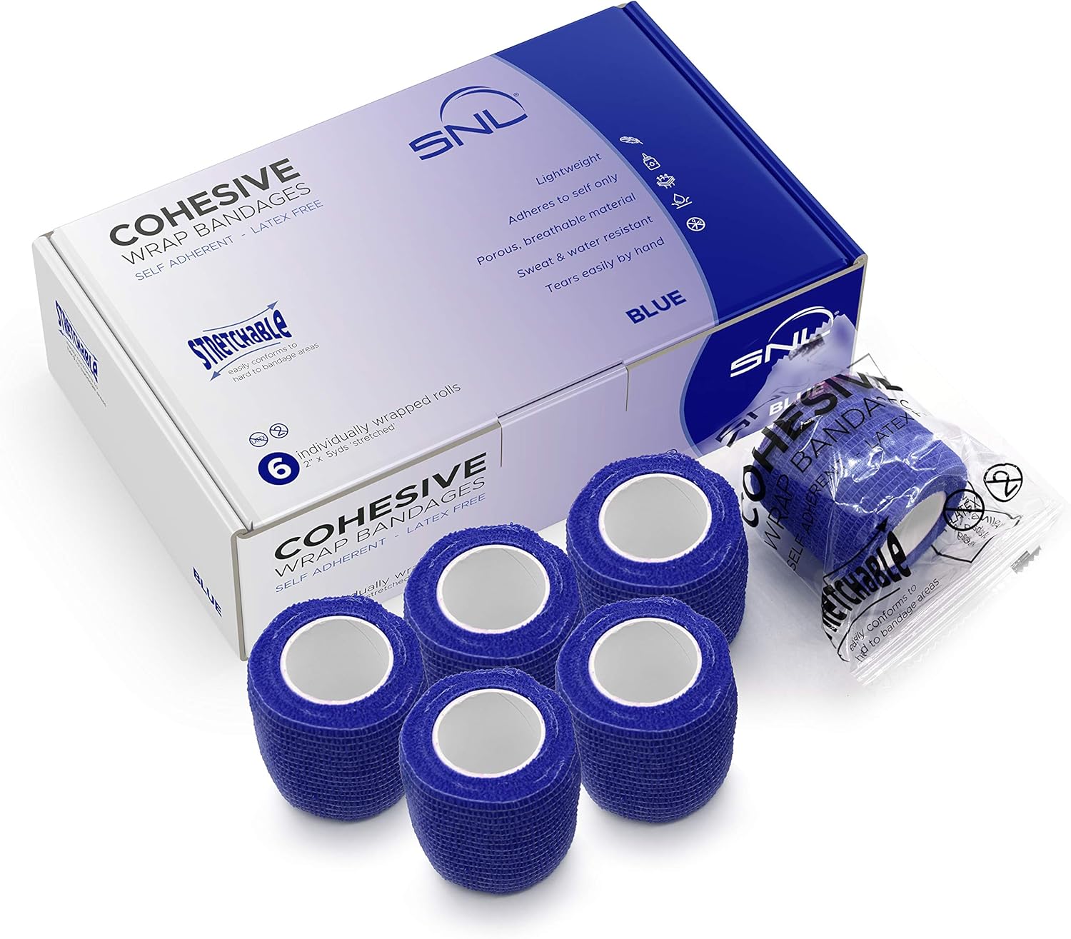 Blue - Cohesive Bandage Wrap 2" x 5 Yards by SNL, Latex Free, Individually Wrapped Rolls, Adhesive, Stretchable Breathable, First Aid, Sports Athletic Ankle Medical Tape, Humans & Animals - 6 Pack