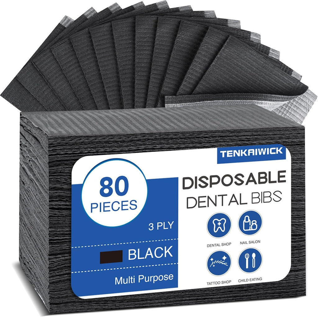 80 Pack Disposable Dental Bibs 13"x18", 3-Ply Waterproof Tattoo Bibs Sheet for Nail Salon, Dental Clinic, Feeding, Tattoo Shop (Black)