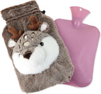 Hot Water Bottle PVC 2L Leak-Proof with Removable Plush Cute Deer Cover for Pain Relief Hot and Cold Therapy,Hands Feet Abdomen and Neck Warmer,Cord Lock,Brown