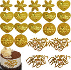 20 Pack Happy Mother's Day Cake Toppers, 5 Styles Gold Acrylic Side Cake Decorations, Heart Flower Round Cupcake Toppers for Mother's Day Mom Birthday Party Supplies