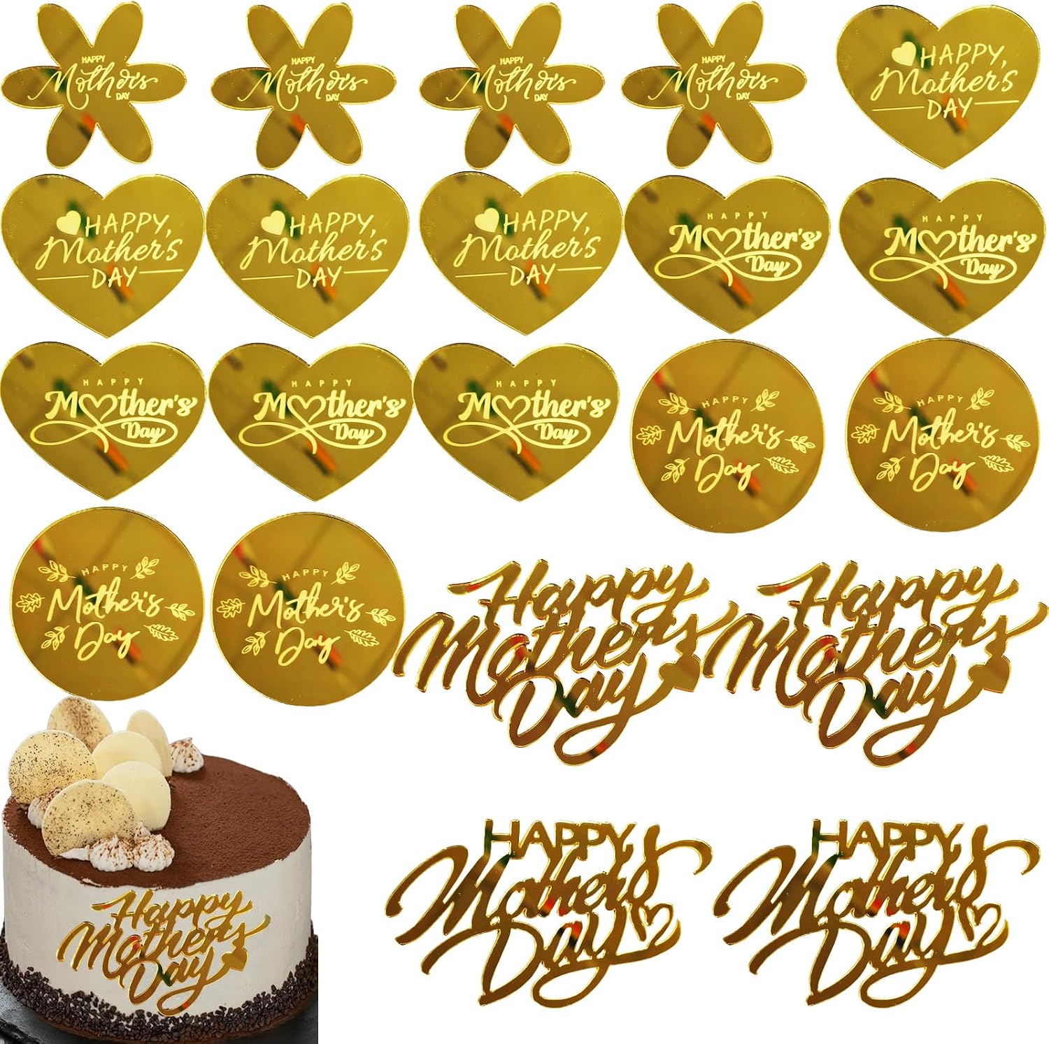 20 Pack Happy Mother's Day Cake Toppers, 5 Styles Gold Acrylic Side Cake Decorations, Heart Flower Round Cupcake Toppers for Mother's Day Mom Birthday Party Supplies