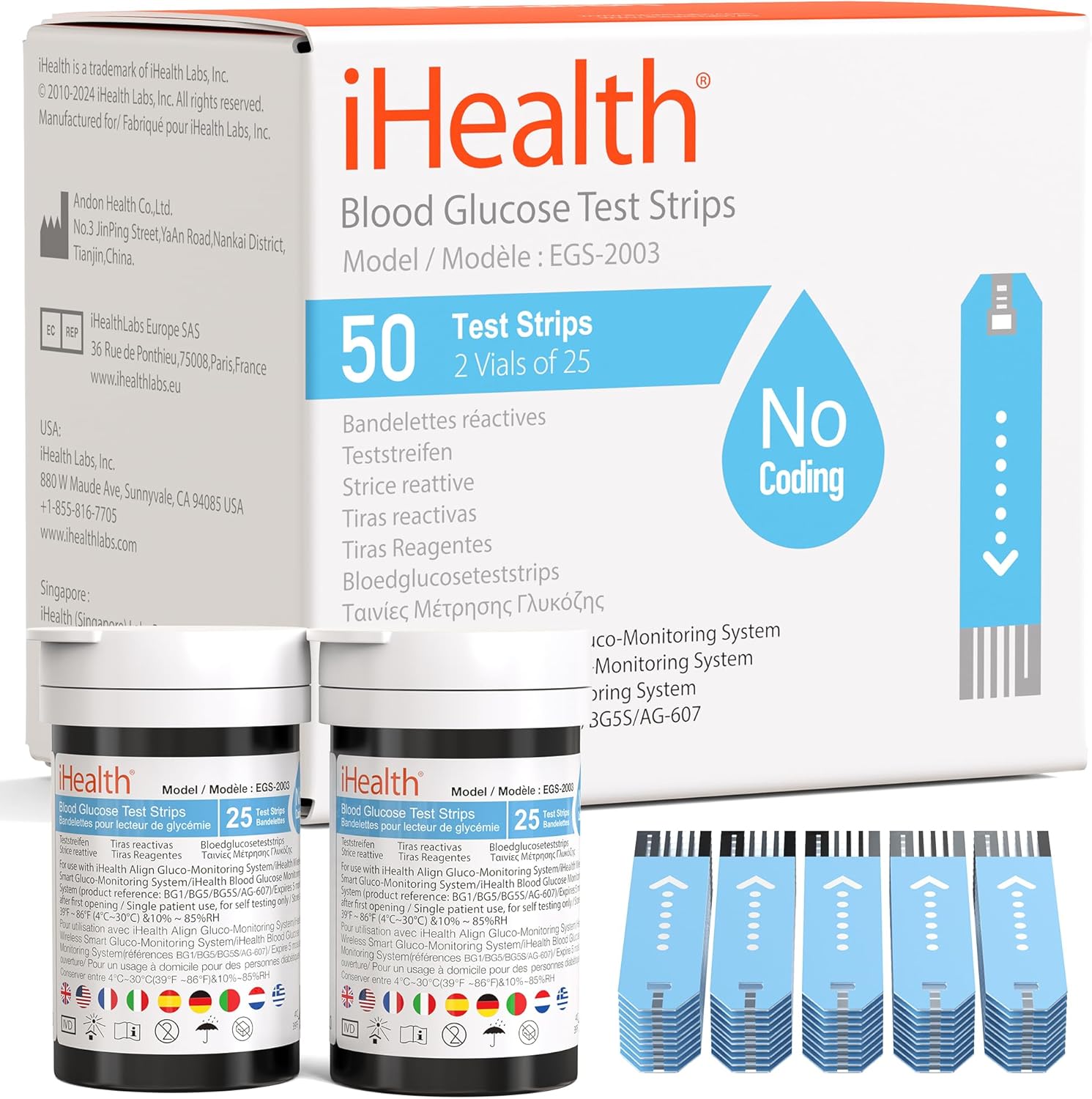 iHealth Blood Glucose Test Strips (50 Count), No Coding Blood Sugar Test, Precision Sugar Measurement for Diabetics, Strips Work Only in iHealth Glucose Meters